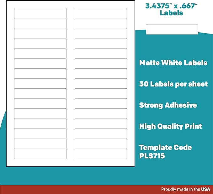 Premium Label Supply White File Folder Labels – 3.4375" x .667" – Laser/Inkjet Compatible – (30 per Sheet), 500 Sheets - 15,000 Total Adhesive Stickers