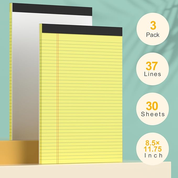 Yellow Legal Pads 8.5×11 Paper Tablets, College Ruled Yellow Writing Pads 3 Pack Note Pads 8.5"x11" 30 Sheets/60 Pages, Sturdy Backing – Lined Notepad Ideal for Students, Office, and Business Use
