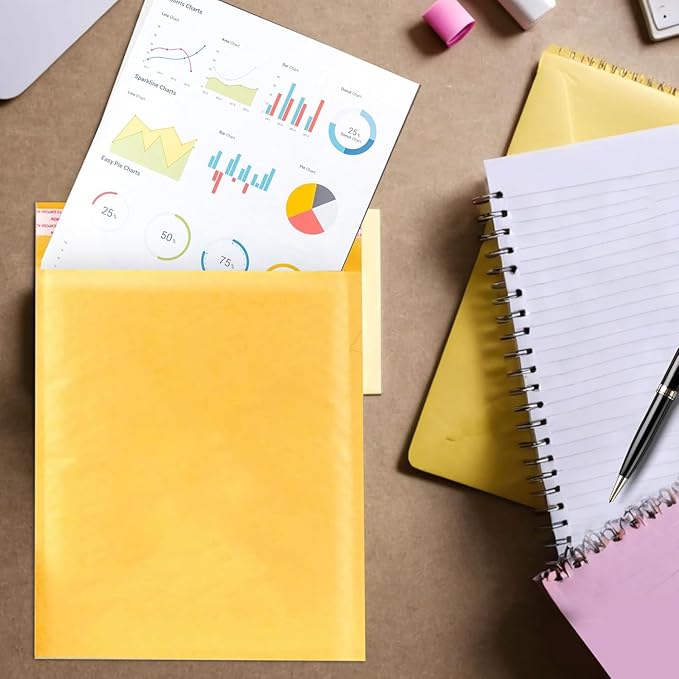 Yellow Kraft 10x13 Inch Bubble Mailers | Self Seal Padded Envelopes for Thick books | Air Cushioned Bubble Mailer | Usable Size 9.5x13 Inch | Lightweight Mailing | 100 Pack Bulk