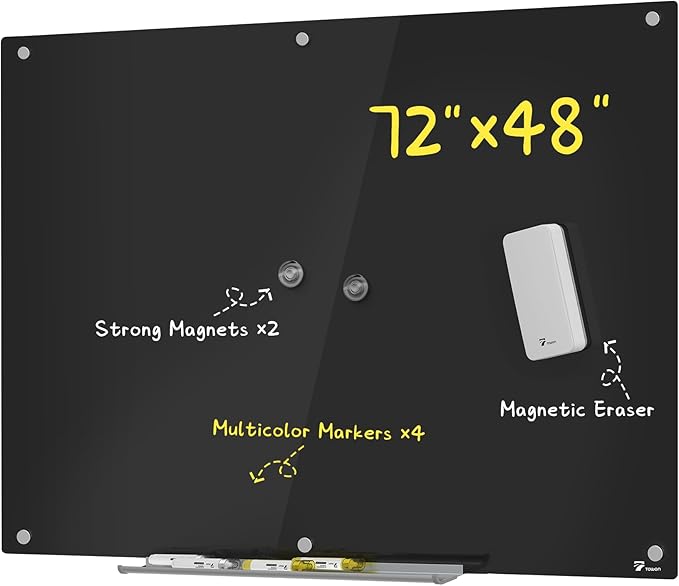 TOWON 6 x 4ft Glass Whiteboard Wall, Black Magnetic White Board Dry Erase 72 x 48 in, Big Glass Dry Erase Board with Multi-Color Markers, Strong Magnets, Pen Tray and Eraser, Frameless