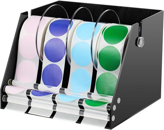 Adjustable Label Dispenser Acrylic Sticker Roll Dispenser Label Roll Holder Multi Use Sticker Holder Organizer Stand for School Gifts and Home Office Desktop(4 Disks)