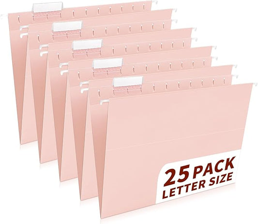 25-Pack Pink Hanging File Folders, Letter Size with 1/5-Cut Tabs, 35 Transparent Label Cards & 50 Sticker Labelsfor Home & Office Organization