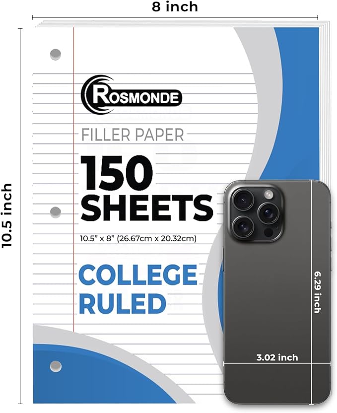 Rosmonde Loose Leaf Paper Bulk, 3600 Sheets, 24 Pack, College Ruled Sheets, 8 x 10.5", 150 Sheets/Pack, 3 Hole Punch, Bulk Notebook Paper, Filler Sheets, Fits Standard Binders, Fights Ink Bleed, White