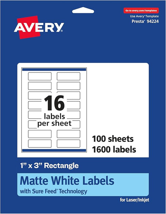 Avery Matte White Rectangle Labels, Sure Feed Technology, 1" x 3", 1,600 Matte White Printable Labels