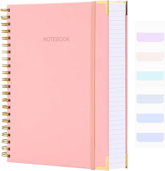 Spiral Notebook, College Ruled Notebook Journal, 8.5” x 11”, 300 Pages Leather Writing Journal for Women Men, A4 Hardcover Notebook for Work School, 24pcs Index Tabs, Pink