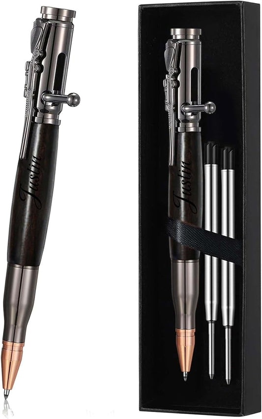 Personalized Bolt Action Pen, Free Engraved Wood Metal Ballpoint Pen with 2 Refills, Customized Pen with Name, Custom Gift for Birthday, Father's Day, Christmas (Grey-Dalbergia cultrata Benth)