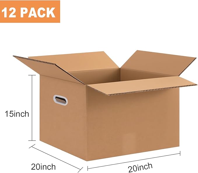 Double Wall Corrugated Cardboard Boxes with Handles for Moving(12 Pack), 20" x 15" x 20" Heavy Duty Large Packing Boxes Durable for Packing,Business,Storage (Large-Handle)