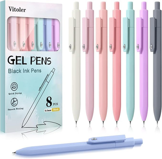 Vitoler Gel Pens,8pcs 0.5mm Pens,Fine Point Black Ink Pen,Smooth Writing Retractable Pen for Teacher Suppliesd,Cute Office Supplies for Women