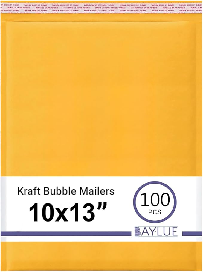 Yellow Kraft 10x13 Inch Bubble Mailers | Self Seal Padded Envelopes for Thick books | Air Cushioned Bubble Mailer | Usable Size 9.5x13 Inch | Lightweight Mailing | 100 Pack Bulk