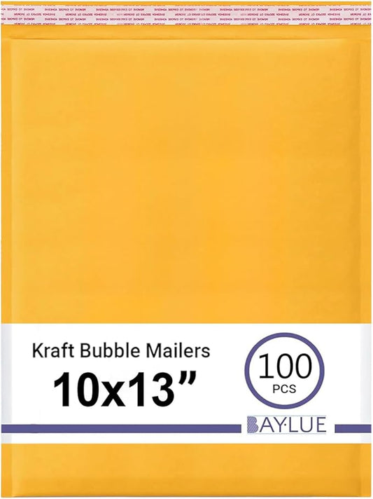 Yellow Kraft 10x13 Inch Bubble Mailers | Self Seal Padded Envelopes for Thick books | Air Cushioned Bubble Mailer | Usable Size 9.5x13 Inch | Lightweight Mailing | 100 Pack Bulk