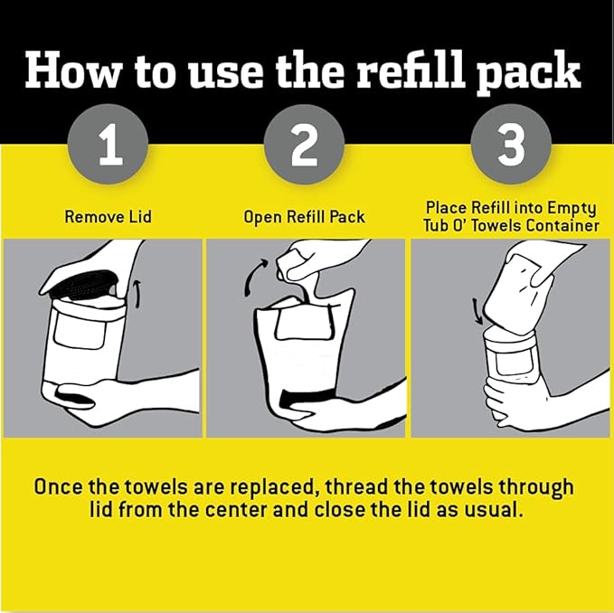 Tub O' Towels Heavy-Duty Cleaning Wipes Refill Pack, Fits 90-Count Canister, Extra-Large 10" x 12" Multi-Surface Wipes for Grease, Grime, and Tough Stains, Convenient Refill for Home, Auto, and More