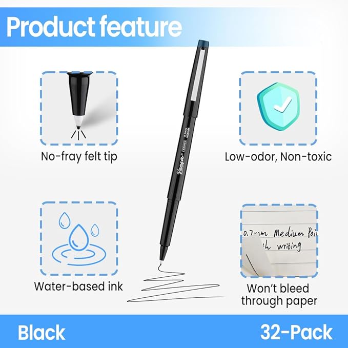 Felt Tip Pens Black, Medium Point (0.7mm), 32 Pack Felt Tip Markers for Writing, Journal, Planner Coloring, Note Taking, School Supplies for Teachers & Students