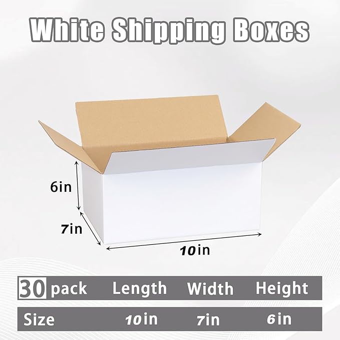 10x7x6 White Shipping Boxes, 30-Pack Mailing Boxes for Small Business, Corrugated Cardboard for Shipping, Packaging