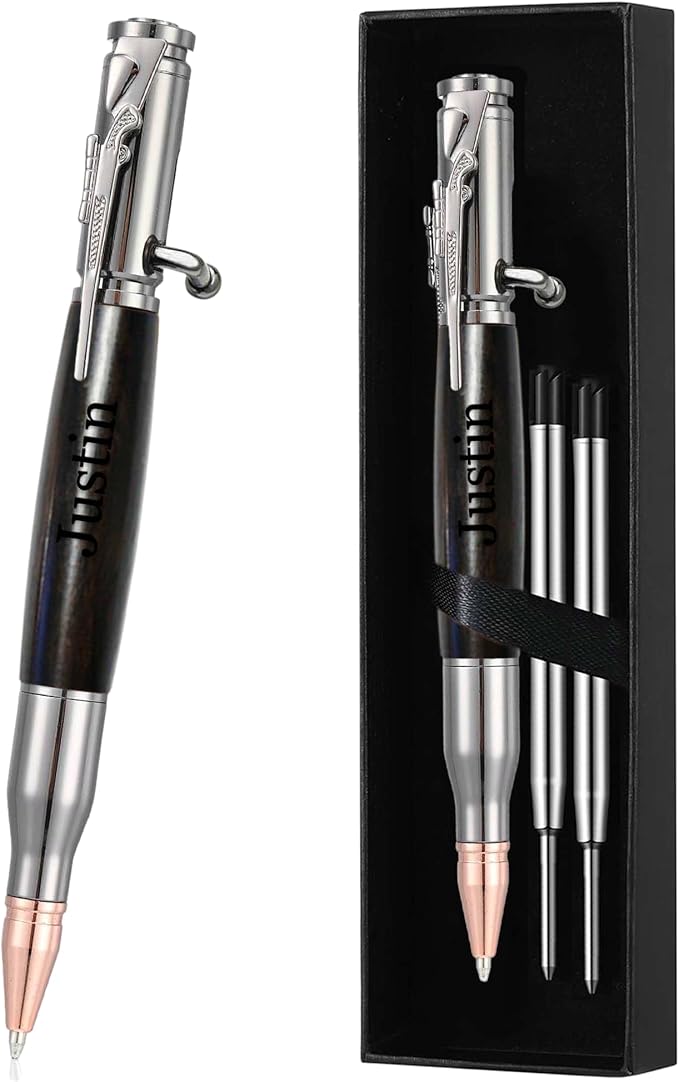 Personalized Bolt Action Pen, Free Engraved Wood Metal Ballpoint Pen with 2 Refills, Customized Pen with Name, Custom Gift for Birthday, Father's Day, Christmas (Silver-Dalbergia cultrata Benth)
