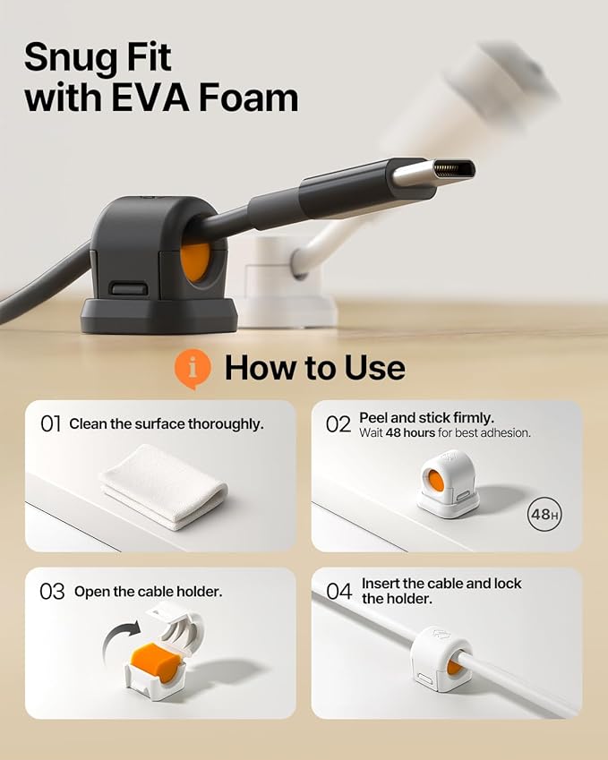 6 Pack Sinjimoru Magnetic Cable Clips, Compact Size Cord Organizer & Cable Management for Desk, Nightstand & Car, Fits up to 7.5mm Cables, White