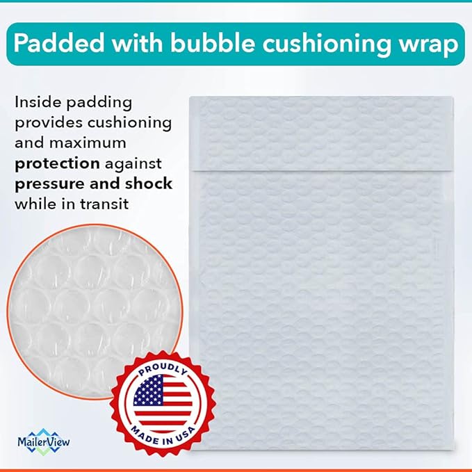 White 12.5x19.5 Inch Large Poly Bubble Mailers #6 | Padded Envelopes with Self Seal | Air Lined Cushioned Bubble Mailer | Usable Size 12.5x19 | 50 Pack Bulk | Lightweight shipping Bags | Made in USA