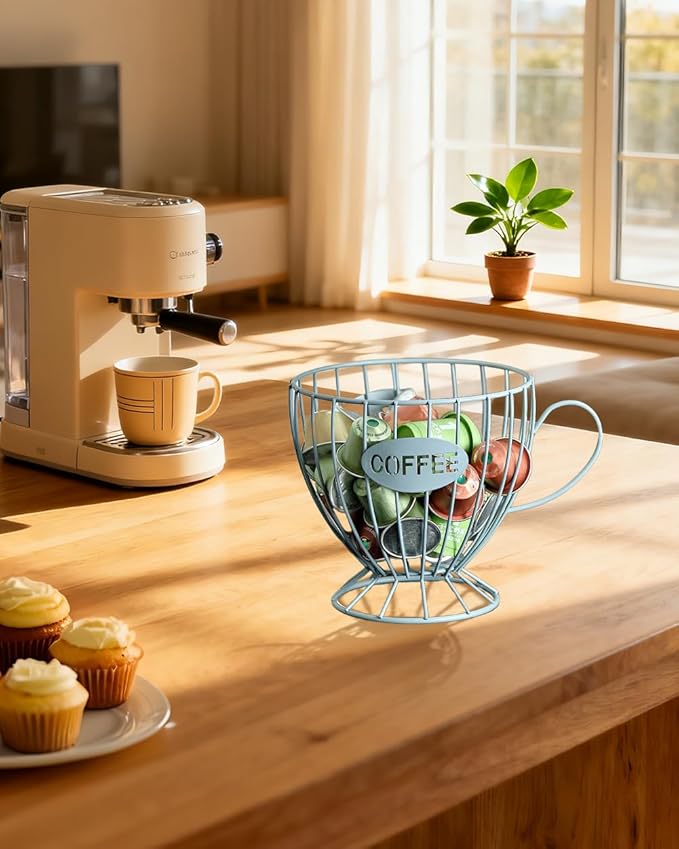 Coffee Pod Holder Large Capacity Coffee Pod Organizer Cup Shape Metal Kitchen Countertop Organizer for Home Office Blue