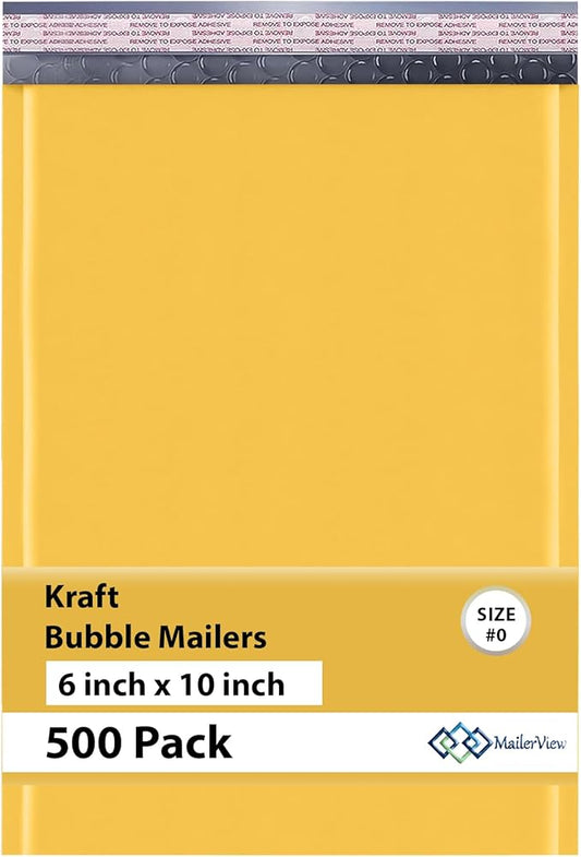 Small Kraft Bubble Mailers 6x10 inch #0 | Self Seal Padded Envelopes | Cushioned Bubble Mailer | Usable Size 6x9 | Lightweight mailing Shipping Bags For Package | 500 Pack Bulk | Made in USA