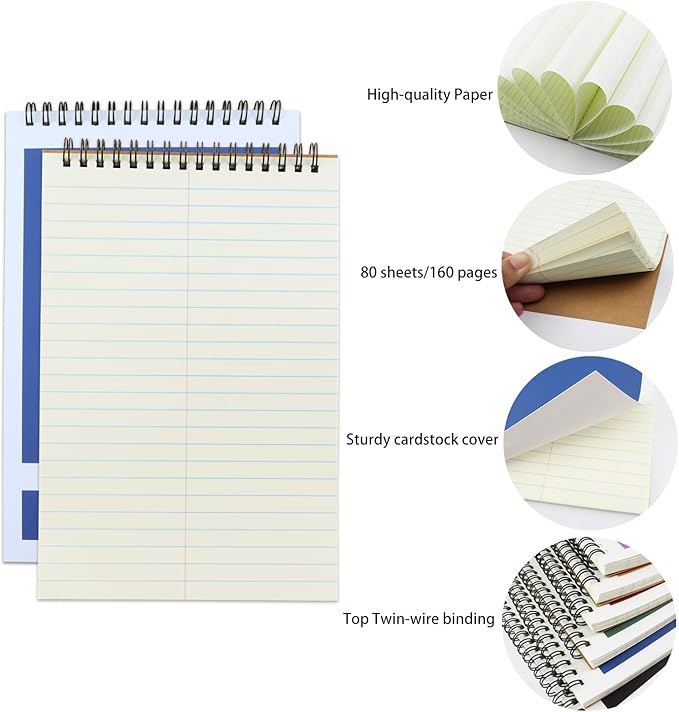 Top Spiral Steno Pads,6 Pack Notepads 6x9 Inches,80 Sheets White Paper Gregg Rule Steno Notebooks for Writing Notes in School, University, College, Office
