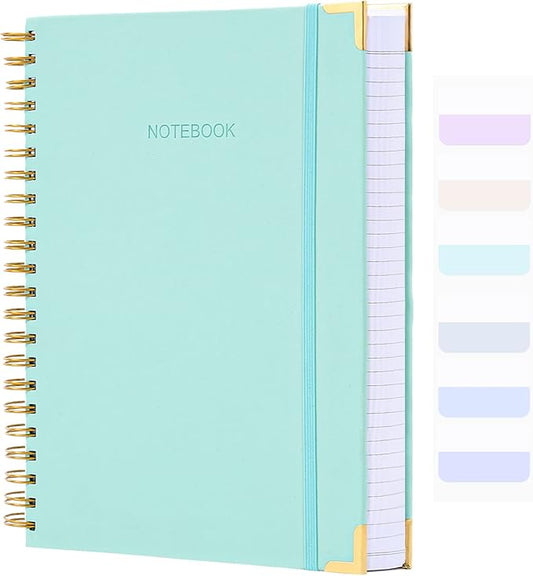 Spiral Notebook, College Ruled Notebook Journal, 7” x 10”, 300 Pages Leather Writing Journal for Women Men, B5 Hardcover Notebook for Work School, 24pcs Index Tabs, Teal