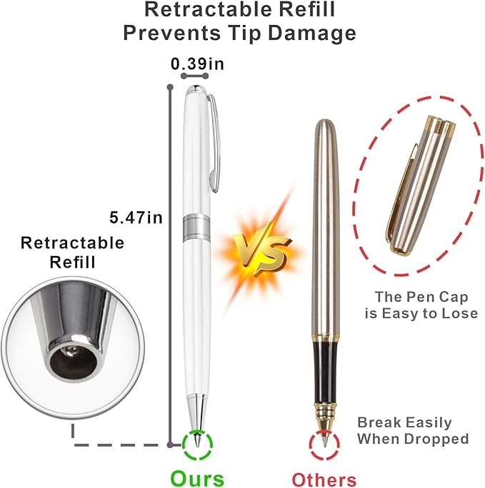 Cambond Ballpoint Pens White Pen - Fancy Pens Black Ink Pens for Journaling Men Gift Business Police Flight Attendant 1.0 mm Medium Point, 3 Pens with 3 Extra Refills (White)