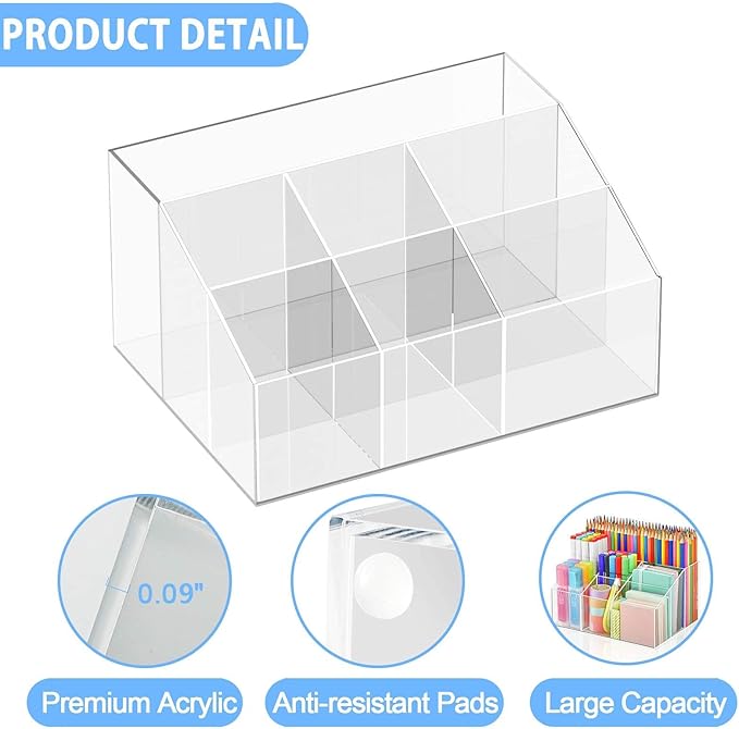 VITVITI Acrylic Pen Holder, Clear Organizer, 7 Compartment Desk Pencil Holder, Desktop Stationery Organizer for Office/School/Home/Art Supplies