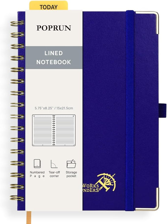 POPRUN Lined Spiral Journal Notebook, [A5-5.75'' x 8.25''] - 120 GSM Thick Paper, 144 Numbered Pages, College Ruled Notebook for Men & Women with Pocket, Index Tabs, 8 Perforated Sheets, Royal Blue