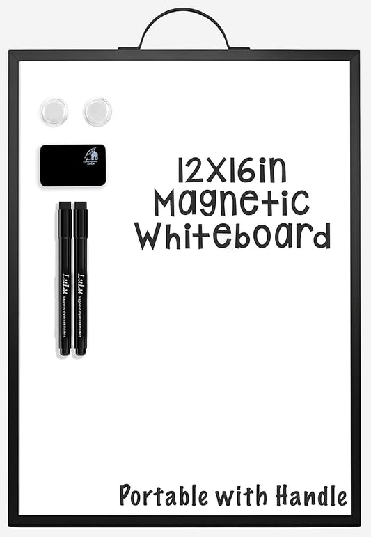 Small Magnetic Dry Erase Whiteboard 12x16 with Handle – Double-Sided Portable Board with Black Aluminum Frame – Includes Markers, Eraser & Magnets for Home and Office