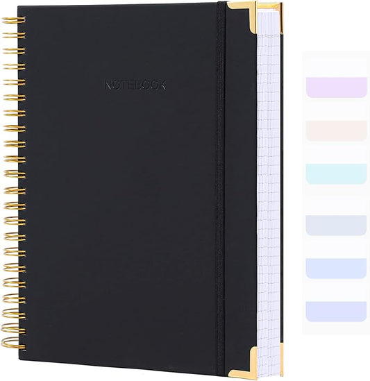Spiral Notebook, College Ruled Notebook Journal, 8.5” x 11”, 300 Pages Leather Writing Journal for Women Men, A4 Hardcover Notebook for Work School, 24pcs Index Tabs, Black