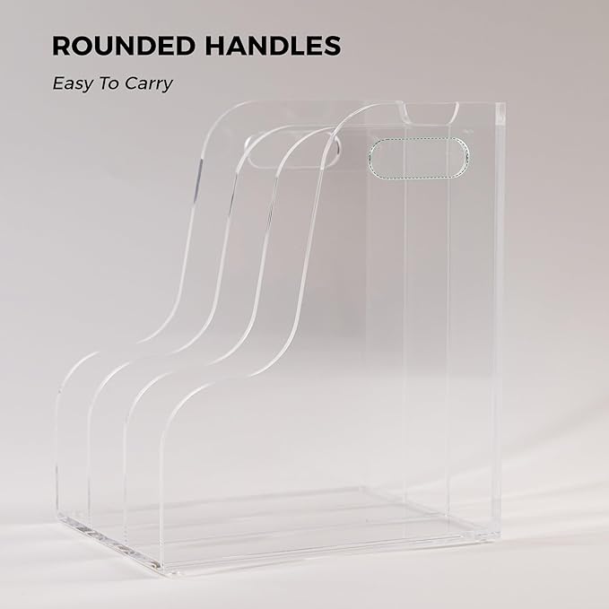 3 Vertical Compartments File Holder, Clear Acrylic Desk Organizer and Storage Bins Holding for Magazines, Binders, Notebooks, Envelopes, Multi-purpose Document Organizer for Home Office