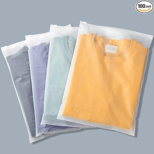 Clothes Packaging Bags for Shipping, 100 Count 10x13 inch Frosted Zipper Plastic Bags for Clothing, Clear Apparel Bag for T-Shirt, Shirt, Document, 3 Mil, with Vent Holes