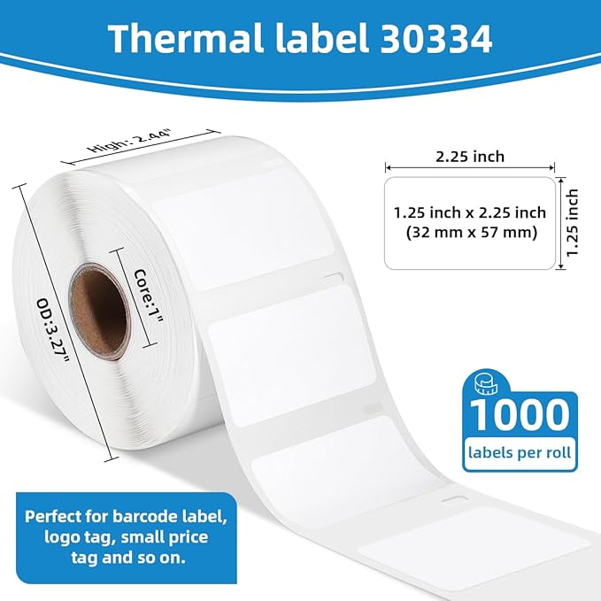 6 Rolls Compatible with DYMO 30334 LW Multi-Purpose Label Maker Refills (2-1/4" x 1-1/4"), Barcode Labels for 450 Twin Turbo, 4XL LabelWriter Printers, 1000 per roll