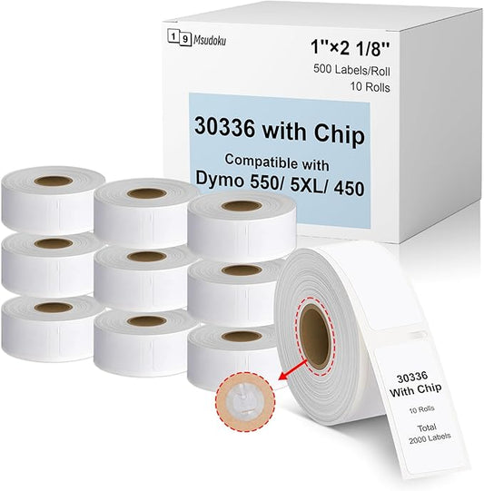 10-Roll 30336 1" x 2-1/8" Compatible for LabelWriter 5XL 550 550 Turbo 4XL 450 Wireless 450 Duo 450 Twin Turbo, 25mm x 54mm Label with RFID Chip, for FNSKU Barcodes, 1 Roll of 500