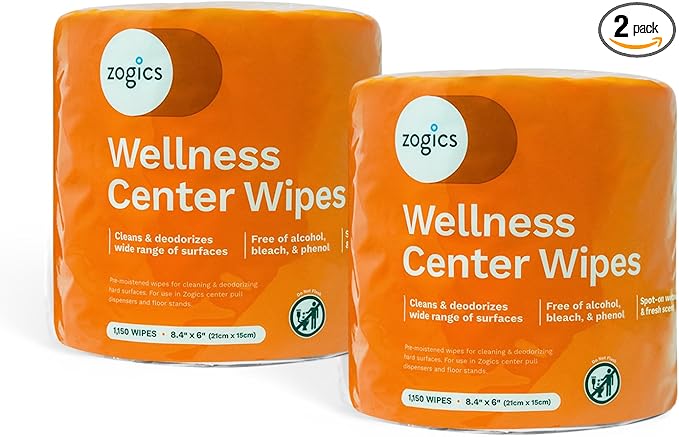 Zogics Wellness Center Cleaning Wipes – Gym Equipment Wipes for Cleaning Surfaces and Fitness Equipment, Durable and Safe Pre-Saturated Wet Wipes (2,300 Count, 2 Rolls of 1,150 Wipes)
