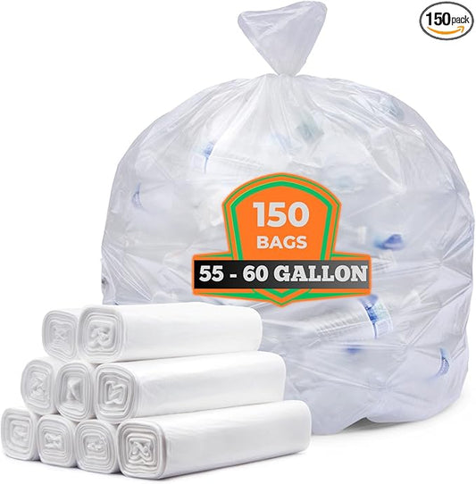 Veska 55-60 Gallon Trash Bags, Large Clear Garbage Bags,150 Bags Bulk Can Liners Perfect for Office, Waste, and Storage Use, Recycling, Yard Waste, and Leaf Collection, Rollaway Bin Liners