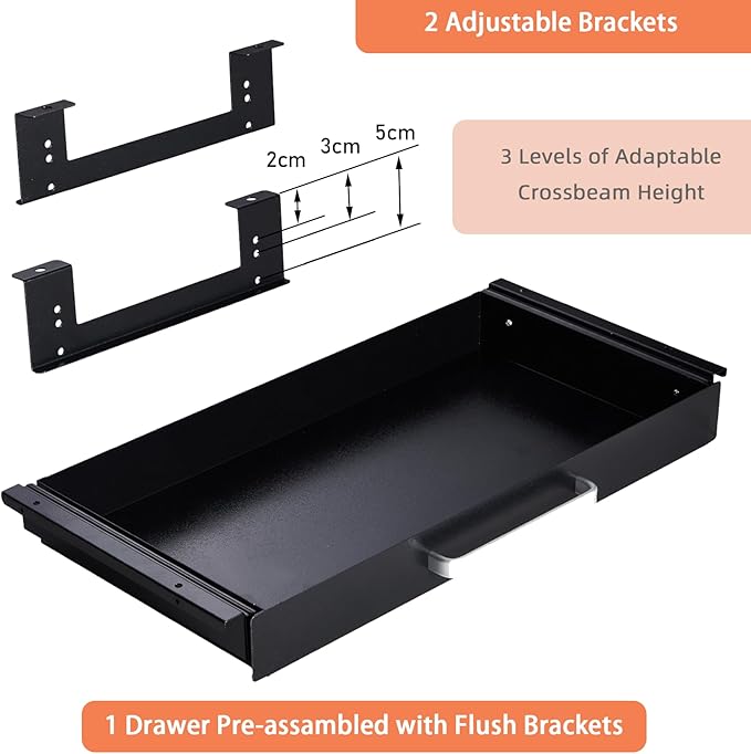 Under Desk Drawer Organizer 21" Black Upgraded with Adjustable Brackets, Sliding Pull-Out Under Table Pencil Drawer, Office Standing Desk Attachment for Workbench
