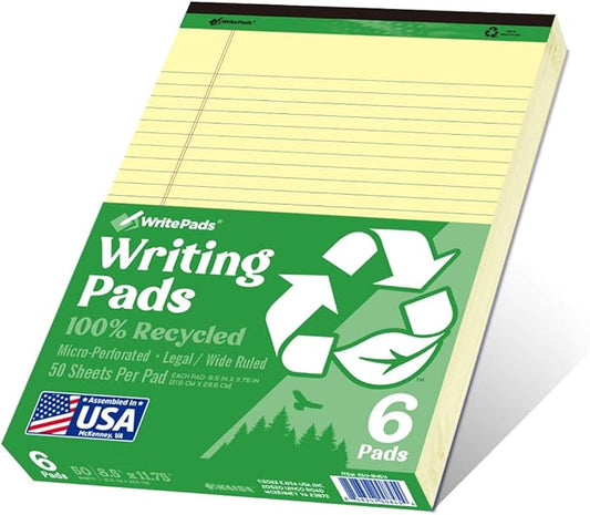 Legal Pads 8.5"x11" Note pads,Wide Ruled Writing Pads,100% Recycle Paper Yellow Legal Pads,6 Pack,50 Sheets Per Notepads,Micro perforated Note Pads,Lined Pads,KSU-8461 Made in the USA