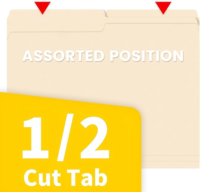 SUNEE File Folders, 30 Pack Manilla Folders 8.5 x 11, 1/2 Cut Tab for Easy Labeling and Organization, Durable Standard Paper for Home, Office, School Filing
