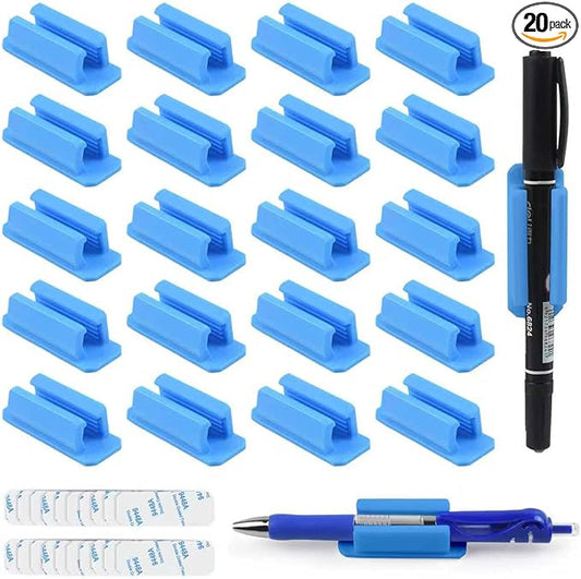 20 Pack Silicone Pencil Holders for Desk - Flexible,Reusable Non Slip Pen Holde ,Adhesive Pen & Marker Holder Set for Office, Classroom, Clipboard, Wall Organization (Blue)