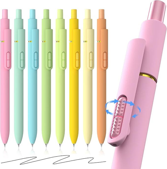 8Pcs Gel Pens with Black Ink, Fine Point Smooth Writing Pens, Quick-dry Gel Retractable Pens for Journaling Note Taking, Cute Office School Supplies for Adults Kids (0.7mm, Light)