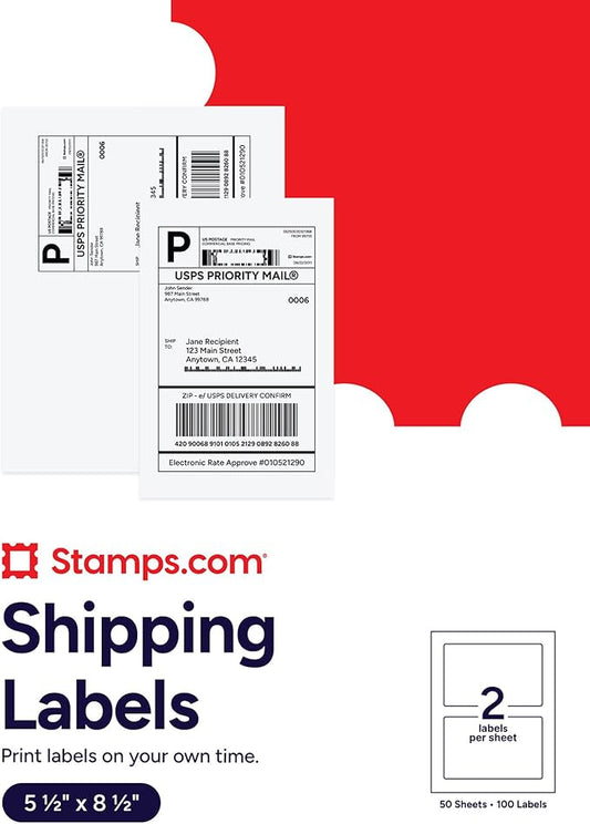 Shipping Labels 5.5" × 8.5" (2 per Sheet, 100 Count) – Half-Sheet Printable Mailing & Address Labels for Inkjet & Laser Printers – Blank White Label Sheets for Small Business Shipping Supplies