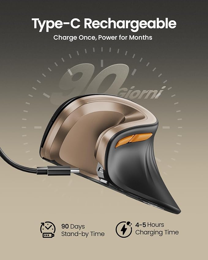 ProtoArc Ergonomic Mouse, EM11 NL Bluetooth Rechargeable Wireless Vertical Mouse, 3 Multi-Device Connectivity for Computer/PC/Laptop, 2.4GHz Optical Mice for Windows, Mac OS, Black Gold