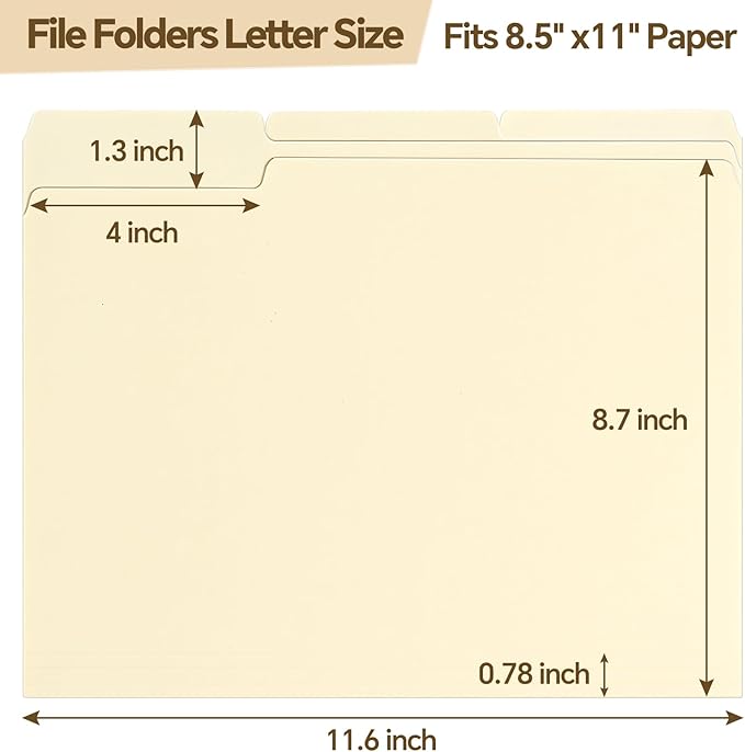 File Folders,21 Pack Manilla Folders 8.5x11,1/3 Cut Tabs Manila File Folders Letter Size for Easy Labeling and Organization,Vanilla Folders Great for Documents Home School Classroom Office Supplies