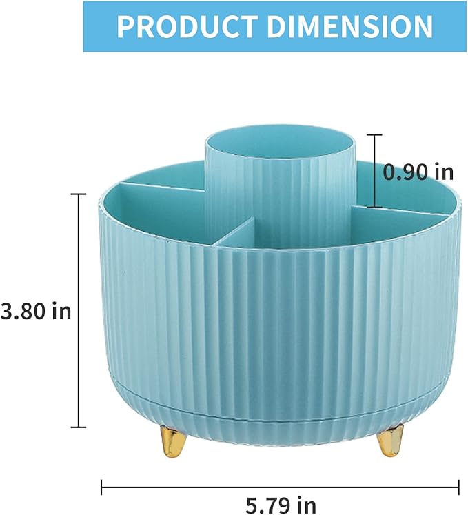 Marbrasse Desk Organizer, 360-Degree Rotating Pen Holder, Desk Organizers and Accessories with 5 Compartments Pencil Holder, Art Supply Storage Box Caddy for Office, Home（Light Blue）