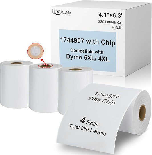 4.1 x 6.3 Direct Thermal Shipping Label Extra-Large 1744907 Compatible for DYMO Authentic LW LabelWriter 5XL 4XL Label Printer, with RFID Chip, White, 4-Rolls, Total 880