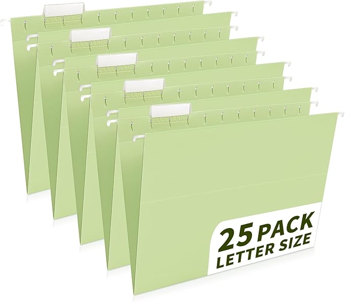 25-Pack Green Hanging File Folders, Letter Size (8.5" x 11") with 1/5-Cut Tabs,Includes 35 Transparent Label Cards & 50 Sticker Labels for Home & Office Organization