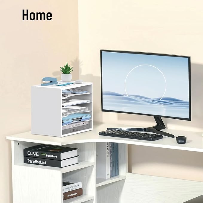 5-Tier Wood Desk Organizer, Paper Tray Organizer for Desk with Adjustable Storage Shelves, Desktop File Organization Paper Sorter Mail Holder for Office Home Classroom, White