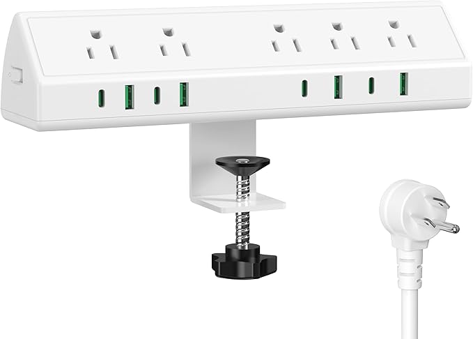 45W Fast Charging Station,Desk Clamp Power Strip,4 PD USB-C Ports,5 AC Outlets,Surge Protector Power Strip, 14AWG Heavy Duty Cord, Fits 1.9" Tabletop Edge (White, 15 FT Cable)