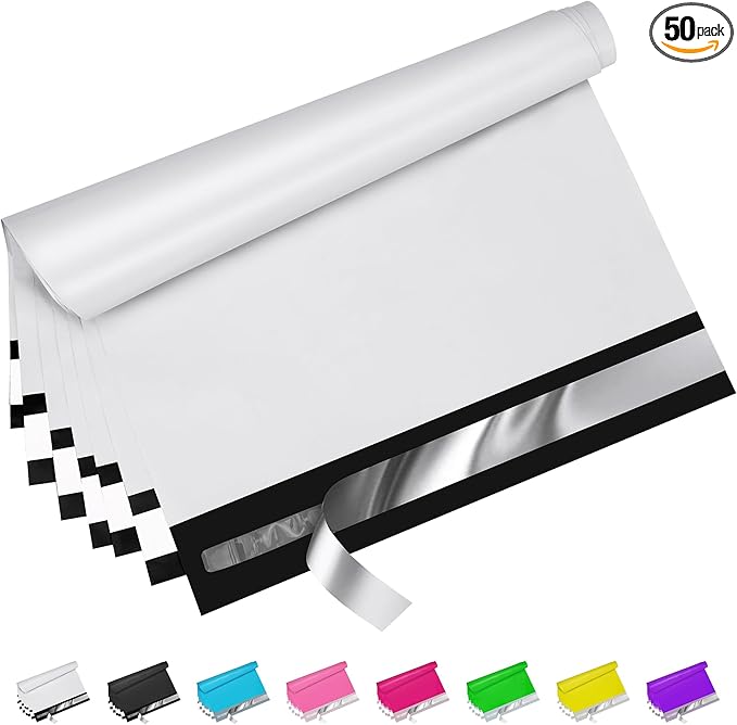 White Poly Mailers 12x15.5 Inch 50 Pcs, Strong Adhesive Shipping Bags for Clothing, Self-Sealing and Waterproof Mailing Envelopes, Privacy Protected Mailer Bags for Small Business