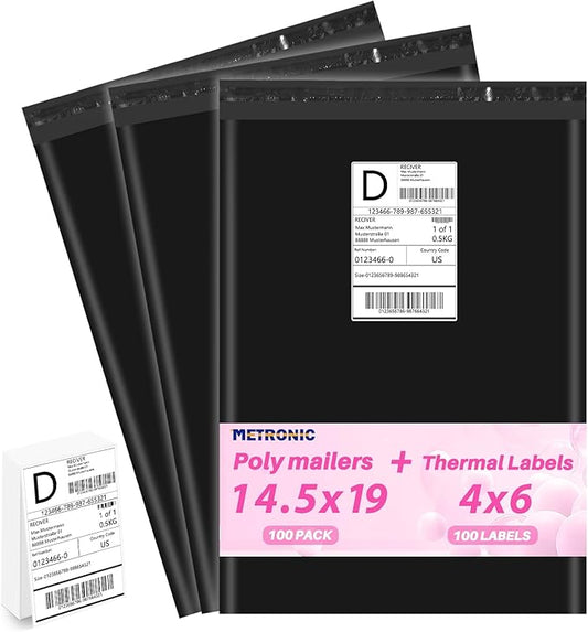 Metronic Poly mailers 14.5x19'' 100pcs with 4x6 Thermal Labels 100 Labels, Strong Adhensive Shipping Bags for Clothing,Waterproof Shipping Envelopes Mailing Bags for Small Business,Black